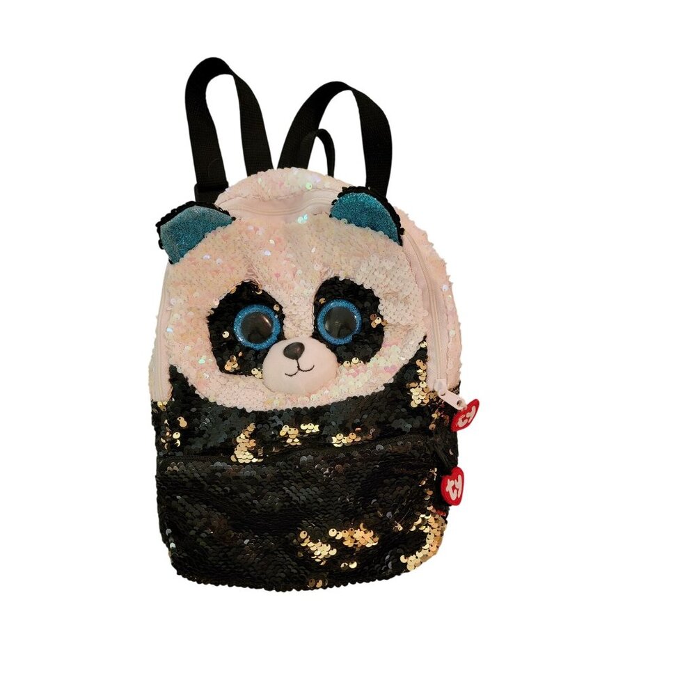 Ty Sequin Panda "Bamboo" Backpack With Adjustable Straps & Pink Lining